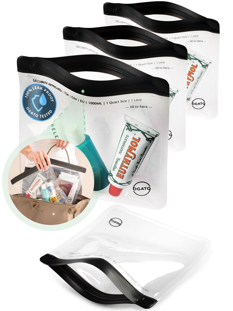 Ogato 3pcs - Clear TSA Approved Toiletry Bag - Our Quart Size Clear Toiletry Bags are Security Approved Worldwide for Liquids & Cosmetics - 100% 3-1-1 Compliant Clear Travel Bags for Toiletries - Image 1