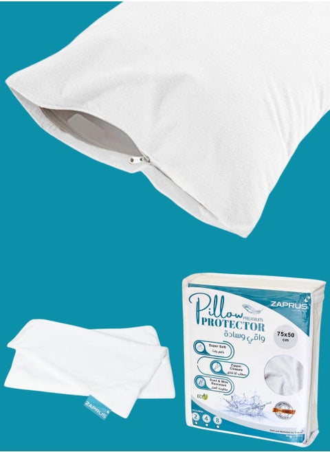 Zaprus Pillow Protector Premium 1,2,4 & 8 Multiple Packs, Premium Quality Waterproof 100% Soft Cotton Queen Size Pillows Case Cover 75 x 50cm