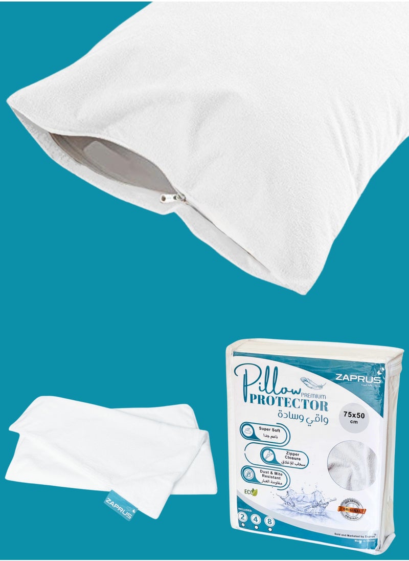 Zaprus Zaprus Pillow Protector Premium 1,2,4 & 8 Multiple Packs, Premium Quality Waterproof 100% Soft Cotton Queen Size Pillows Case Cover 75 x 50cm  - Image 1