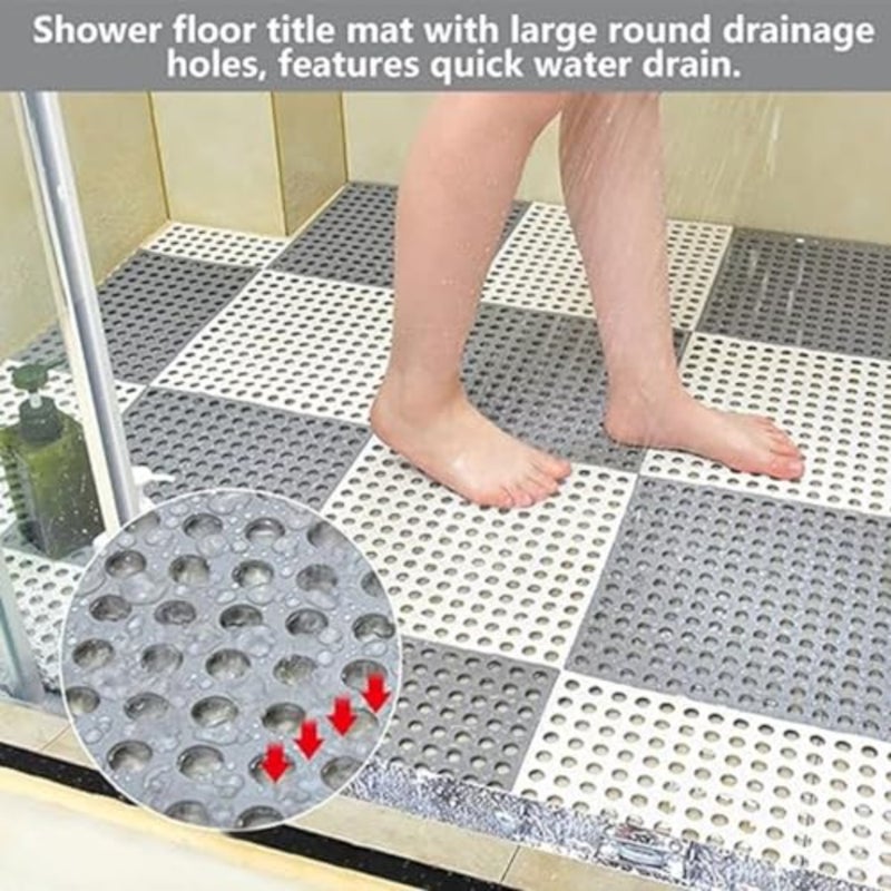 12 Pack Interlocking Non Slip Drainage Floor Tiles, 11.8 X 11.8 Inch Soft PVC Bath Shower Floor Mat with Suctions Cups, Drainage Holes for Bathroom, Kitchen, Pool Grey - Image 3