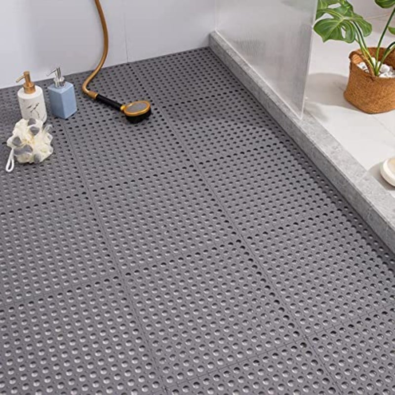 12 Pack Interlocking Non Slip Drainage Floor Tiles, 11.8 X 11.8 Inch Soft PVC Bath Shower Floor Mat with Suctions Cups, Drainage Holes for Bathroom, Kitchen, Pool Grey - Image 1