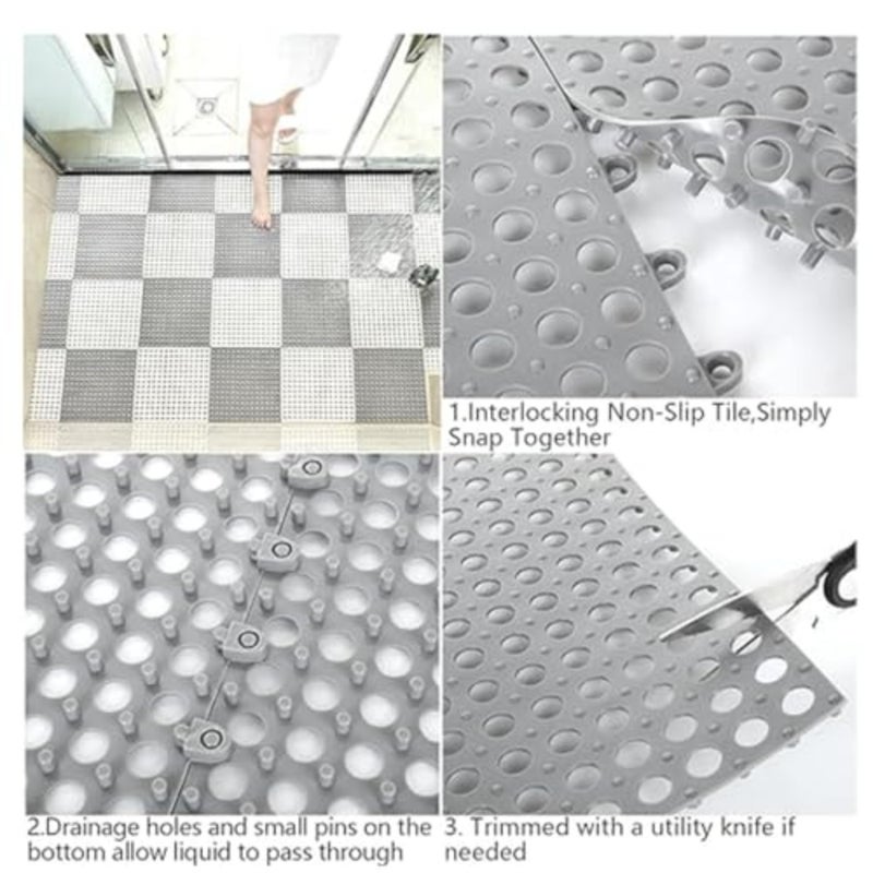 12 Pack Interlocking Non Slip Drainage Floor Tiles, 11.8 X 11.8 Inch Soft PVC Bath Shower Floor Mat with Suctions Cups, Drainage Holes for Bathroom, Kitchen, Pool Grey - Image 4