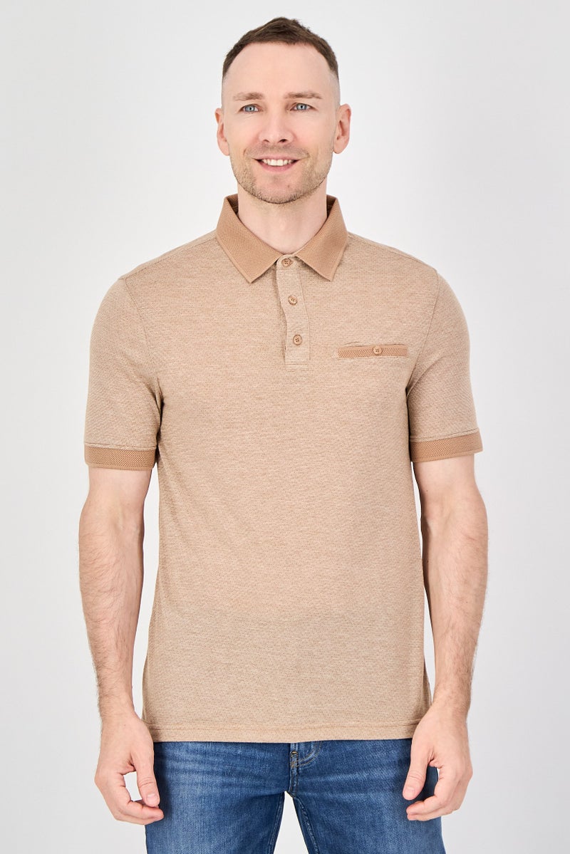 Thomas Sterling Men Regular Fit Short Sleeve Allover Print Polo Shirt, Light Brown - Image 1