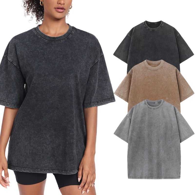 SnowElve 3 Pack Womens Washed Vintage Oversized T-Shirt Baggy Workout Tops Short Sleeve Cotton Tshirts Streetwear Boyfriend Tee(W-CFGYBK,l) - Image 1