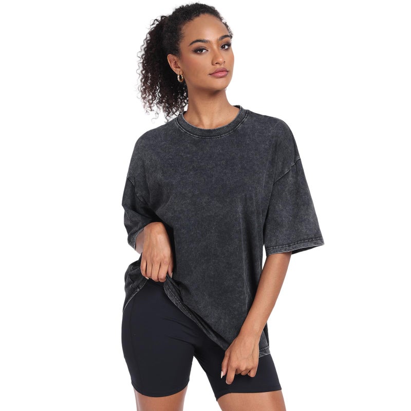 SnowElve 3 Pack Womens Washed Vintage Oversized T-Shirt Baggy Workout Tops Short Sleeve Cotton Tshirts Streetwear Boyfriend Tee(W-CFGYBK,l) - Image 4