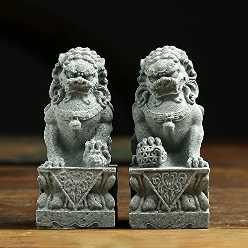 Sdeetesamjun Foo Dogs Statues Pair Guardian Lion Fu Foo Dogs Stone Statues Chinese Feng Shui Decor Housewarming Congratulatory to Ward Off Evil Energy (M) - Image 3