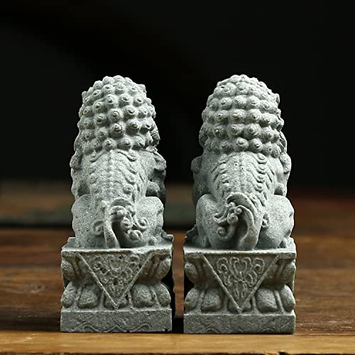 Sdeetesamjun Foo Dogs Statues Pair Guardian Lion Fu Foo Dogs Stone Statues Chinese Feng Shui Decor Housewarming Congratulatory to Ward Off Evil Energy (M) - Image 4