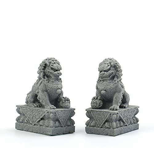 Sdeetesamjun Foo Dogs Statues Pair Guardian Lion Fu Foo Dogs Stone Statues Chinese Feng Shui Decor Housewarming Congratulatory to Ward Off Evil Energy (M) - Image 1