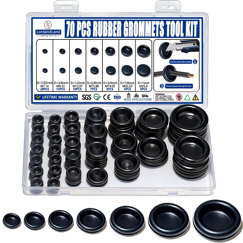 LordandLand Rubber Grommet Kit 70 Pack - 7 Sizes Firewall Rubber Hole Plugs Rubber Grommets for Wiring, Automotive, Home Improvement Cord Pipe Wire Organization - Image 1