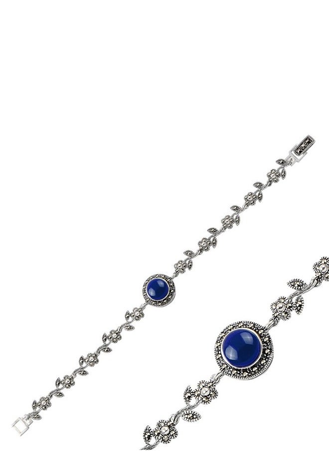 EMNON - 925 Silver-Natural Marcasite & Navy Blue Lapis Lazuli Bracelet-High-Quality Jewelry in UAE Dubai 100% Precious Metal Gift for Women-EMNON87BR-B98611 - Image 1