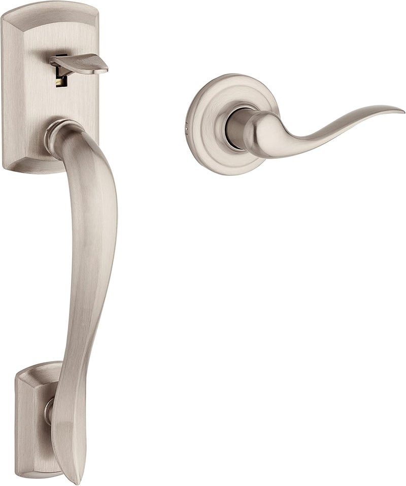 Kwikset Avalon Front Door Handle No Lock Entry Handleset Exterior with Interior Reversible Handed Lever NonLocking Satin Nickel Deadbolt Not Included with Microban Protection - Image 1