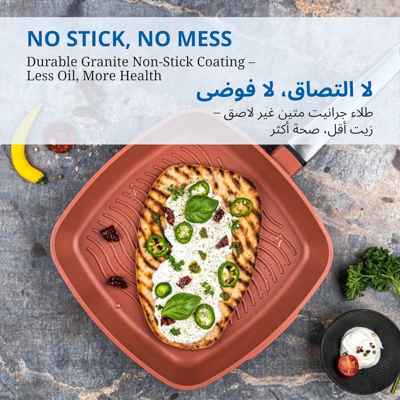 ويستنجهاوس الولايات المتحدة الأمريكية سلسلة الأداء مقلاة شواء مضلعة غير لاصقة 28 سم – ألومنيوم مصبوب مع طلاء كوانتيانيوم، آمنة للاستخدام على الحث والفرن، مقبض من الفولاذ المقاوم للصدأ بارد اللمس – برتقالي - Image 4