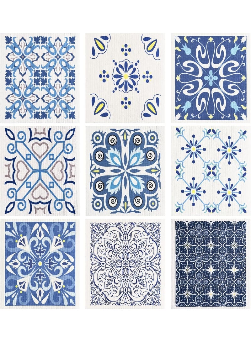 WILLBOND WILLBOND 9 Pieces Blue Style Swedish Kitchen Dishcloths Reusable Absorbent Hand Towels Sponge Cloth for Baking Cooking Kitchen Home Decoration Housewarming Gift - Image 1