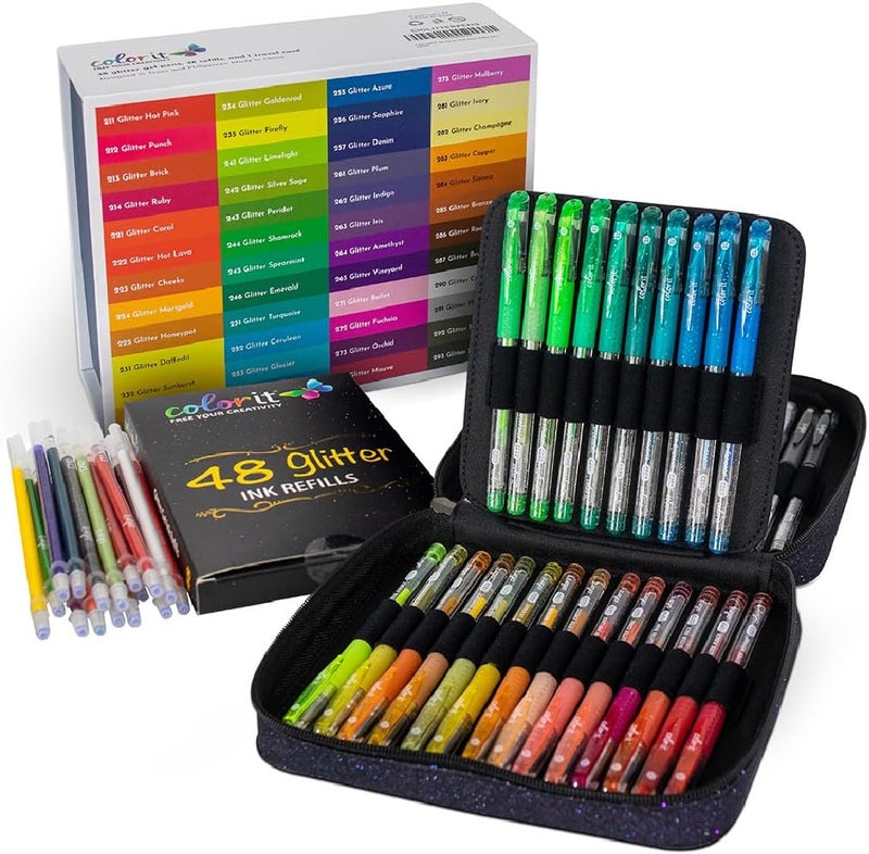 كولور إت أقلام جل لامعة ColorIt للتلوين، عبوة 96 قطعة تحتوي على 48 قلمًا لامعًا عالي الجودة و48 خرطوشة للتعبئة، بالإضافة إلى حقيبة سفر واحدة – ألوان زاهية لليوميات، والكتابة، وكتب التلوين للبالغين، والمشاريع الإبداعية - Image 1