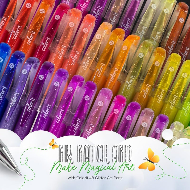 كولور إت أقلام جل لامعة ColorIt للتلوين، عبوة 96 قطعة تحتوي على 48 قلمًا لامعًا عالي الجودة و48 خرطوشة للتعبئة، بالإضافة إلى حقيبة سفر واحدة – ألوان زاهية لليوميات، والكتابة، وكتب التلوين للبالغين، والمشاريع الإبداعية - Image 2