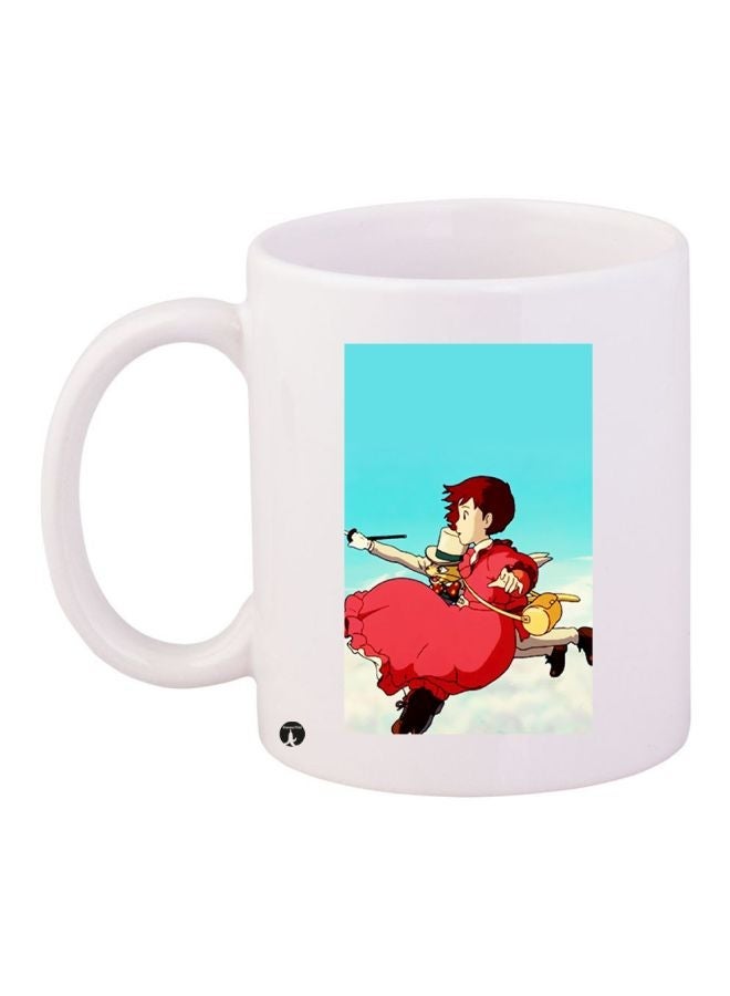 RYN Flying Girl And Cat Printed Coffee Mug White/Blue/Red 11ounce