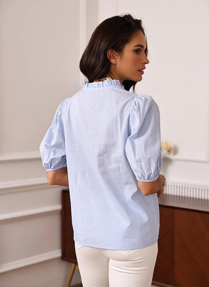 YUNIQEE Light Blue Band Collar Puff Sleeves Relaxed Fit Shirt