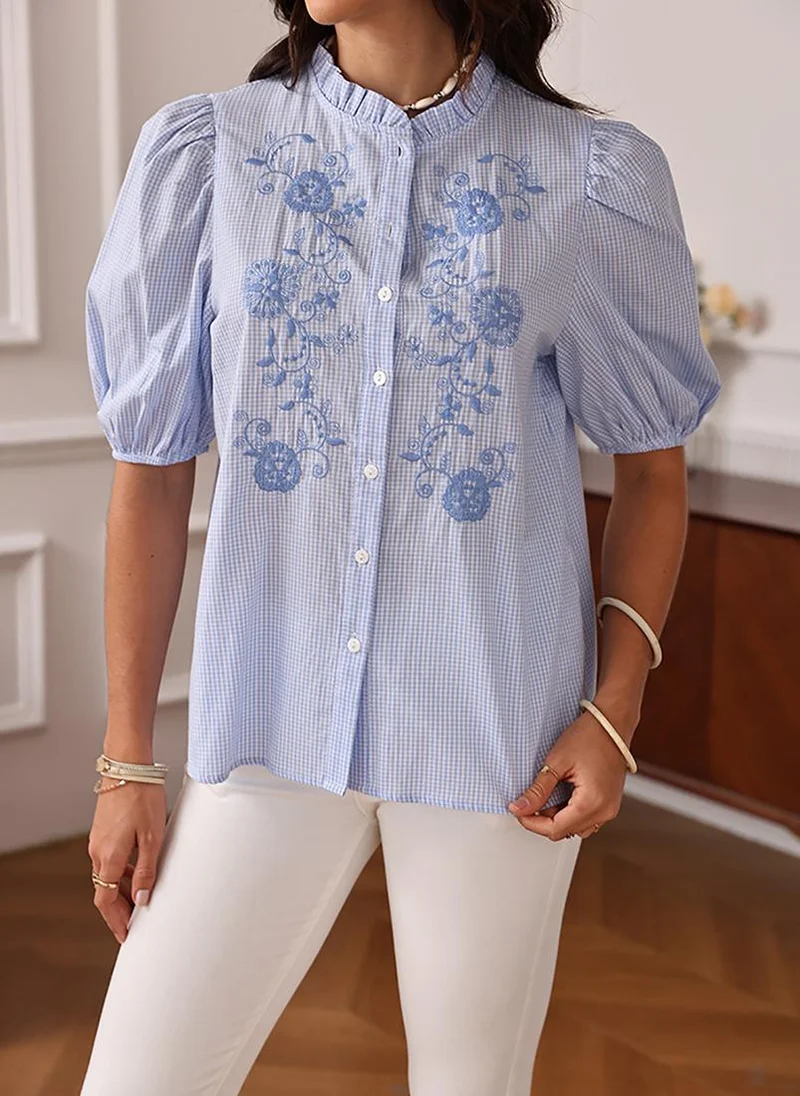 YUNIQEE Light Blue Band Collar Puff Sleeves Relaxed Fit Shirt