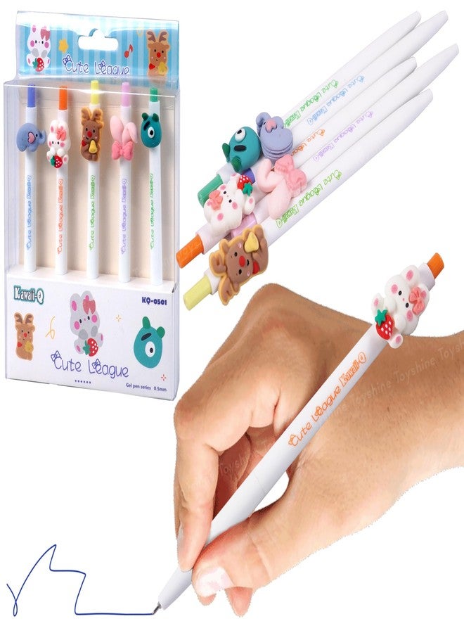 Toyshine 5 Pc Cute Cartoon Design Fancy Fine 0.5mm Kawaii Gel Ink Pen for Office Stationary School Supplies Birthday Party Favor Return Gift - Multicolor - Image 1