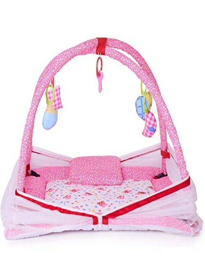 DearJoy Play Gym with Mosquito Net, Baby Play Mat with Hanging Toys, Foldable Micro Cotton Baby Gym Mat, Blue Bunny Print, 65 x 65 x 70 cm (Pink Bunny Print) - Image 1