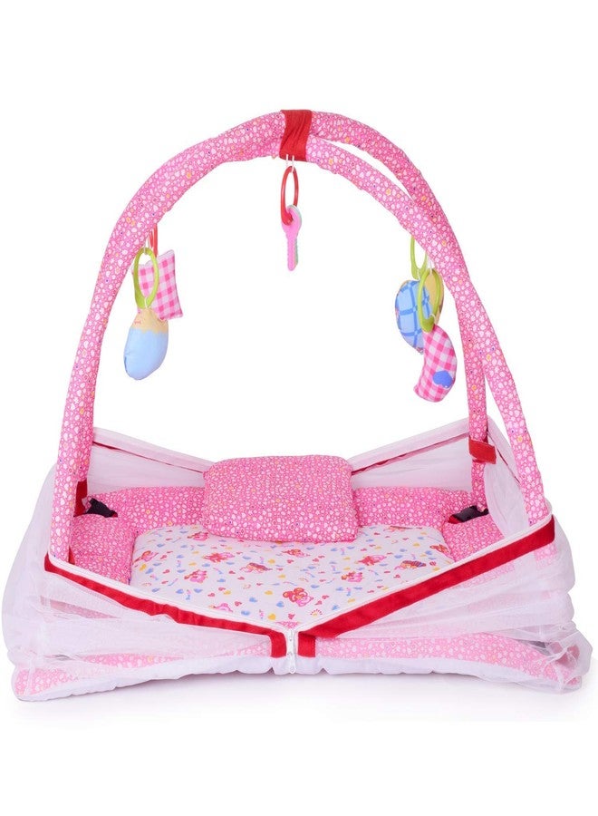 DearJoy Play Gym with Mosquito Net, Baby Play Mat with Hanging Toys, Foldable Micro Cotton Baby Gym Mat, Blue Bunny Print, 65 x 65 x 70 cm (Pink Bunny Print) - Image 2