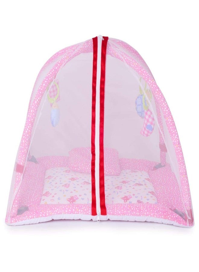 DearJoy Play Gym with Mosquito Net, Baby Play Mat with Hanging Toys, Foldable Micro Cotton Baby Gym Mat, Blue Bunny Print, 65 x 65 x 70 cm (Pink Bunny Print) - Image 4