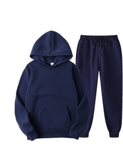 Spring New Glboard Solid Color Hooded Sweatshirt Casual Pants Fleece-Lined Pulloversuit Mens Sets Navy blue