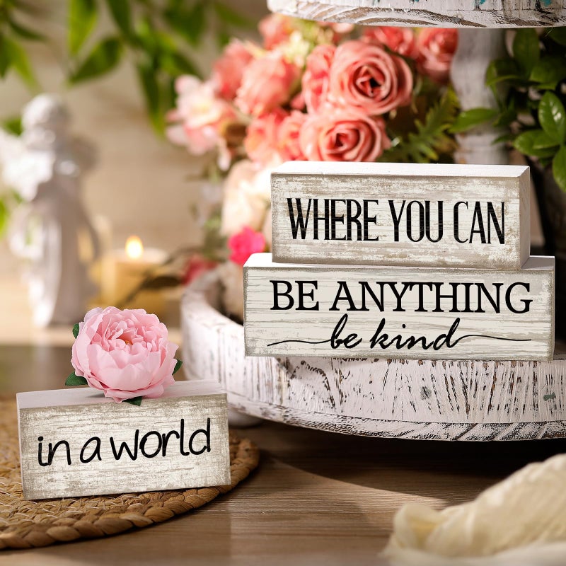 Yuntau 4 Pcs Farmhouse Flower Wooden Tabletop Decor Farmhouse Tiered Tray Decor Rustic Faux Decorative Wood Block Sign Inspired Gift Centerpiece Table sign for Home Shelf Supplies - Image 5