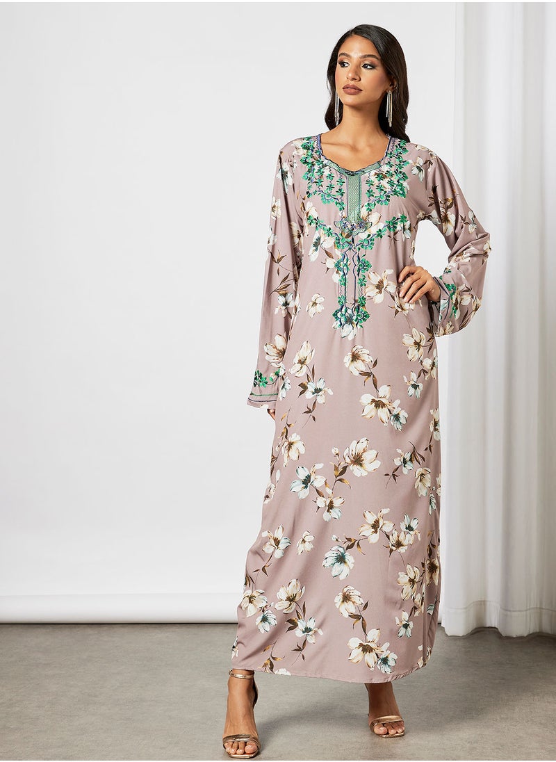Hayat - Floral Jalabiya With Embroidery In Front And Wrist With Belt - Image 1