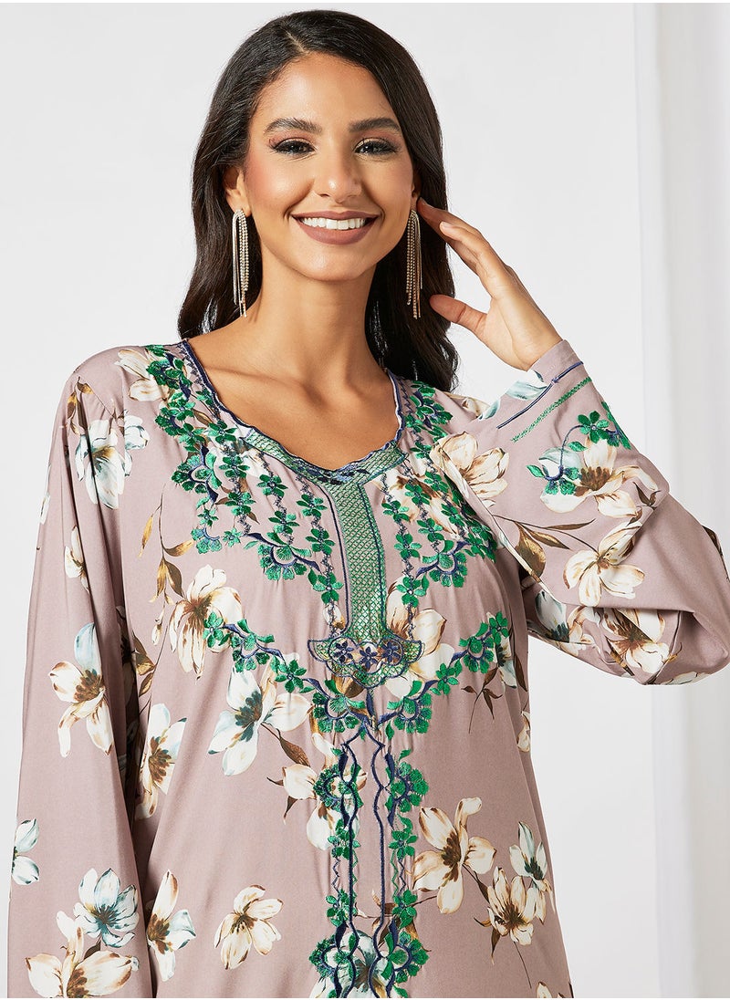 Hayat - Floral Jalabiya With Embroidery In Front And Wrist With Belt - Image 1