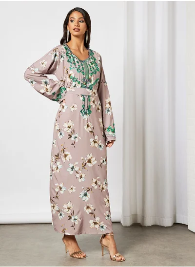 Hayat Floral Jalabiya With Embroidery In Front And Wrist With Belt