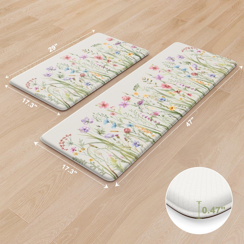 KIMODE Anti Fatigue Kitchen Mat for Floor, Farmhouse Floral Kitchen Rugs Sets of 2, Kitchen Floor Mats Non-Slip, Cushioned Standing Mat for Sink, Laundry, Desk, Home White 17"x47"+17"x29" - Image 3