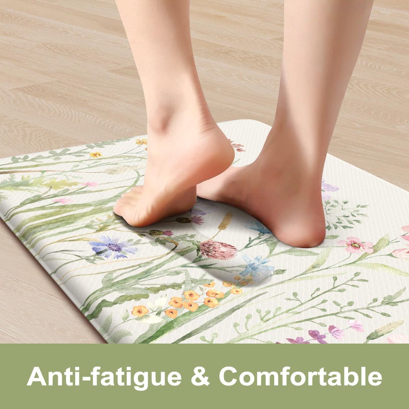 KIMODE Anti Fatigue Kitchen Mat for Floor, Farmhouse Floral Kitchen Rugs Sets of 2, Kitchen Floor Mats Non-Slip, Cushioned Standing Mat for Sink, Laundry, Desk, Home White 17"x47"+17"x29" - Image 2