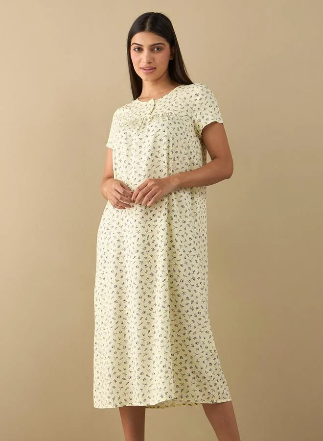 Splash FAV All-Over Print Midi Night Gown with Short Sleeves