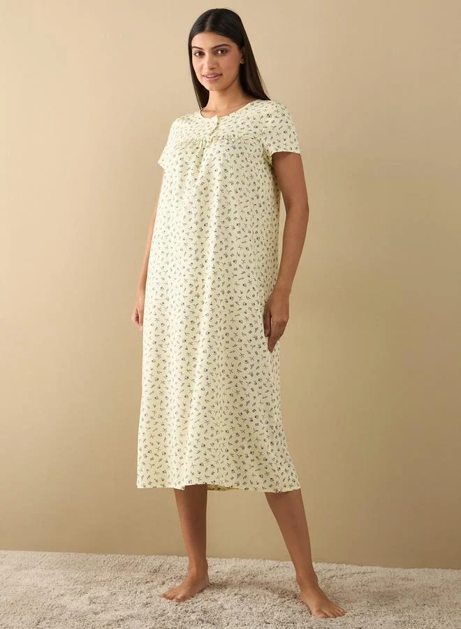 Splash FAV All-Over Print Midi Night Gown with Short Sleeves