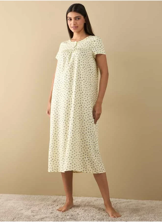 FAV All-Over Print Midi Night Gown with Short Sleeves
