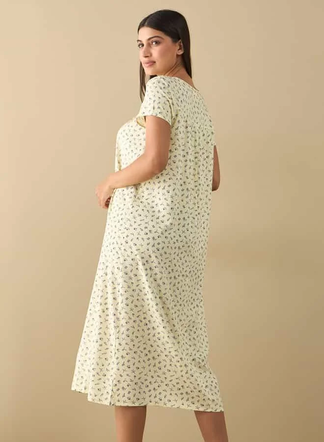 Splash FAV All-Over Print Midi Night Gown with Short Sleeves
