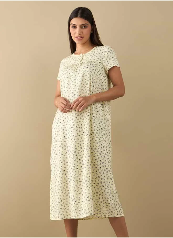 FAV All-Over Print Midi Night Gown with Short Sleeves