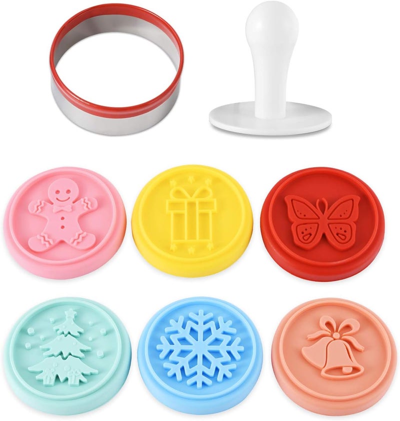 top Topolopyfeely Cookie Stamp-a Set of 6 Colorful Silicone Cookie Stamp Press, Ring Cutter and Handle for Christmas and Daily Baking - Image 1