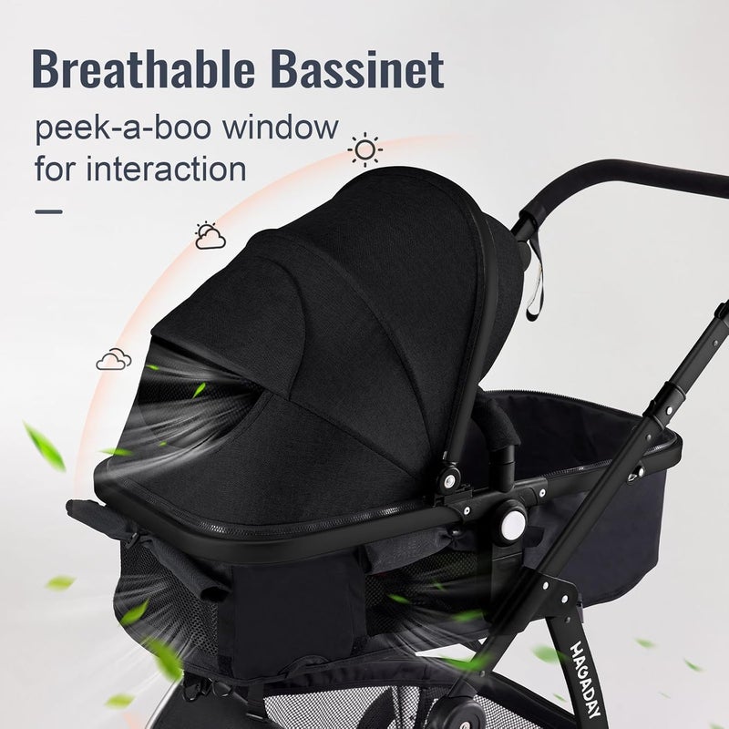 HAGADAY Baby Stroller 2in1 Reversible Toddler Seat with LieFlat Mode Foldable Infant Stroller with Canopy One Button Brake Adjustable Handle Newborn Pushchair Black B - Image 3