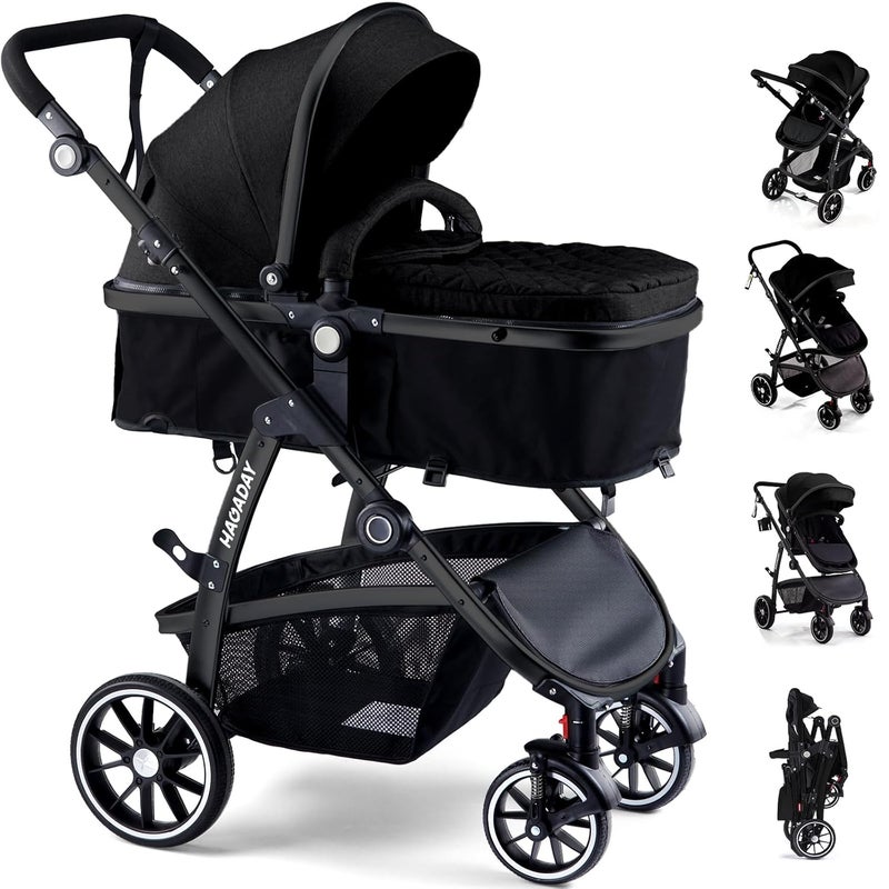 HAGADAY Baby Stroller 2in1 Reversible Toddler Seat with LieFlat Mode Foldable Infant Stroller with Canopy One Button Brake Adjustable Handle Newborn Pushchair Black B - Image 1