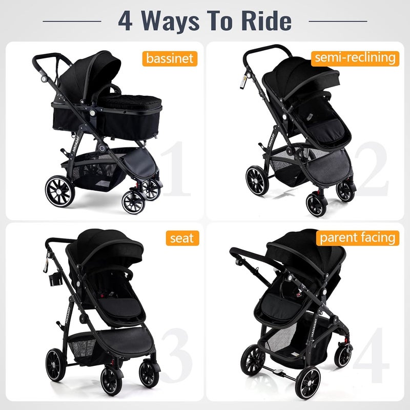HAGADAY Baby Stroller 2in1 Reversible Toddler Seat with LieFlat Mode Foldable Infant Stroller with Canopy One Button Brake Adjustable Handle Newborn Pushchair Black B - Image 2