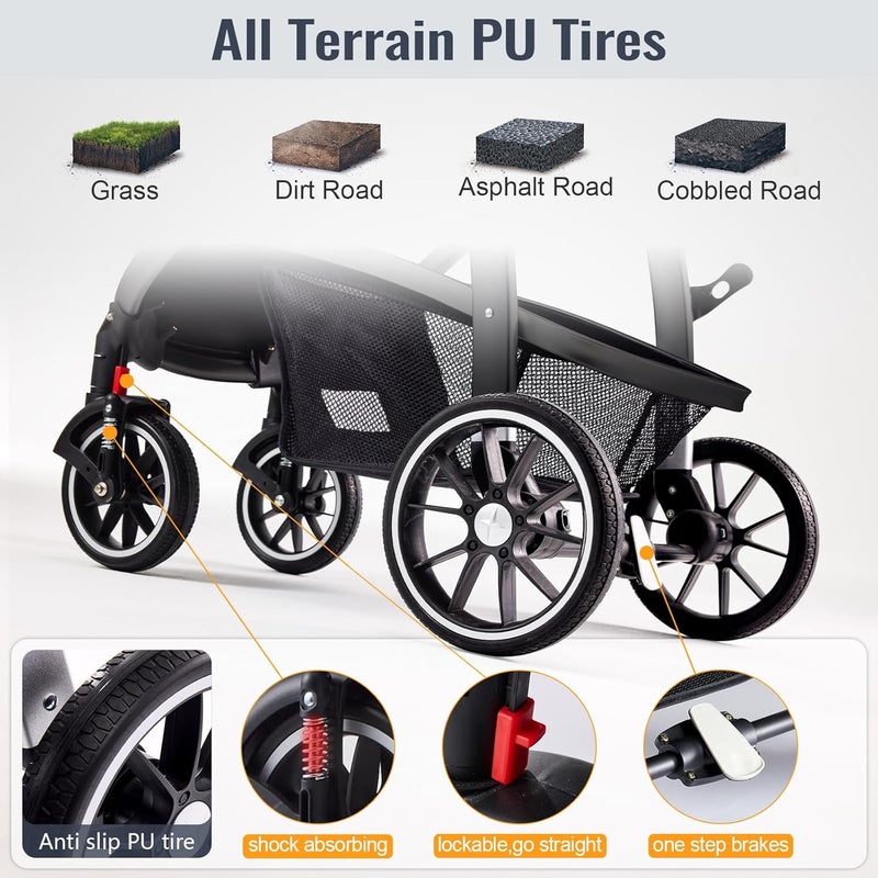 HAGADAY Baby Stroller 2in1 Reversible Toddler Seat with LieFlat Mode Foldable Infant Stroller with Canopy One Button Brake Adjustable Handle Newborn Pushchair Black B - Image 5