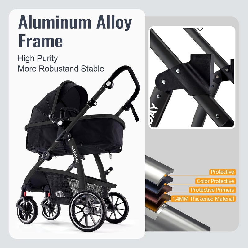 HAGADAY Baby Stroller 2in1 Reversible Toddler Seat with LieFlat Mode Foldable Infant Stroller with Canopy One Button Brake Adjustable Handle Newborn Pushchair Black B - Image 4