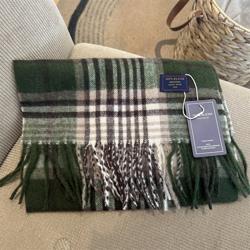 British Classic Australian Cashmere Plaid Light Luxury Scarf Unisex Couples Autumn and Winter Warm Scarf 06# dark green white grid