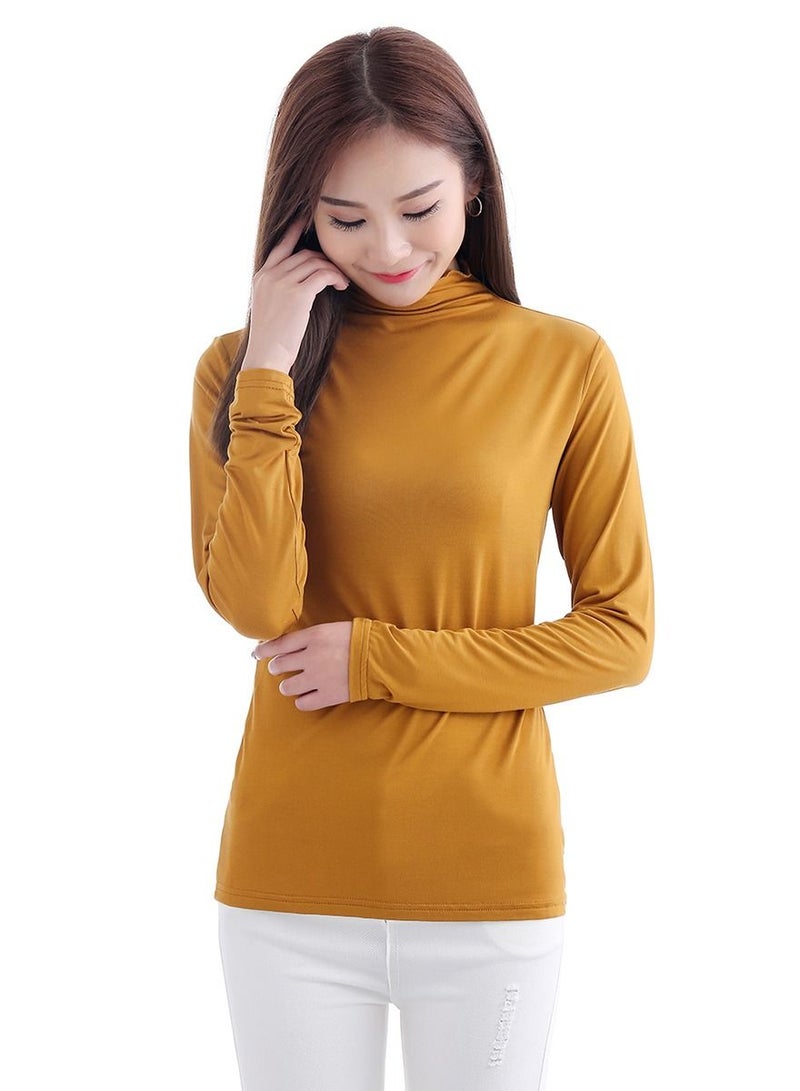 Loquat Lady's Solid Color Long Sleeve Turtle Neck Udershirt Base Layer Shirt Camel 