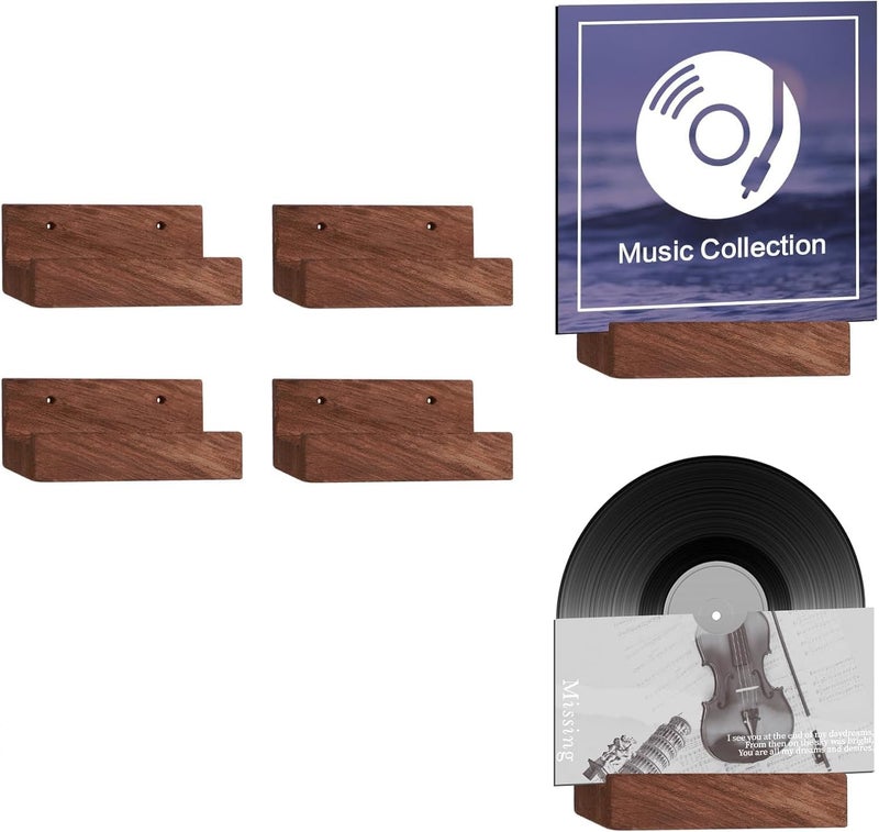 KASTWAVE Vinyl Record Holder Wall Mount, Durable Floating Wooden Album Display Shelves for LPs, CDs, and Books, Vintage Home Decor for Music Lovers, Walnut Finish, 10 * 6 cm, 4 Pcs - Image 1