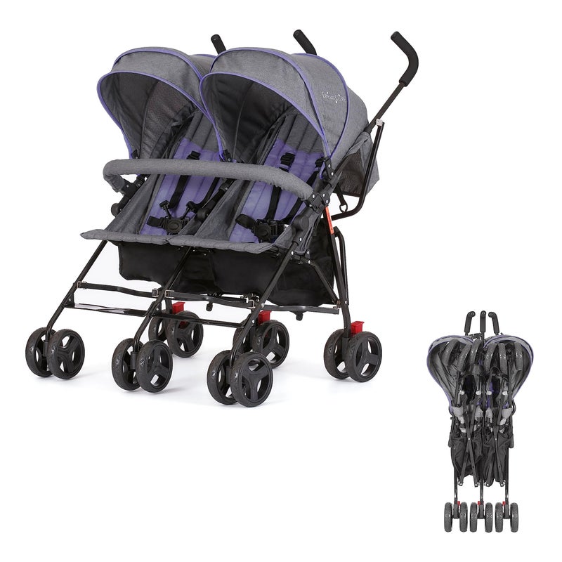 Dream On Me Volgo Twin Umbrella Stroller in Purple Lightweight Double Stroller for Infant Toddler Compact Easy Fold Large Storage Basket Large and Adjustable Canopy