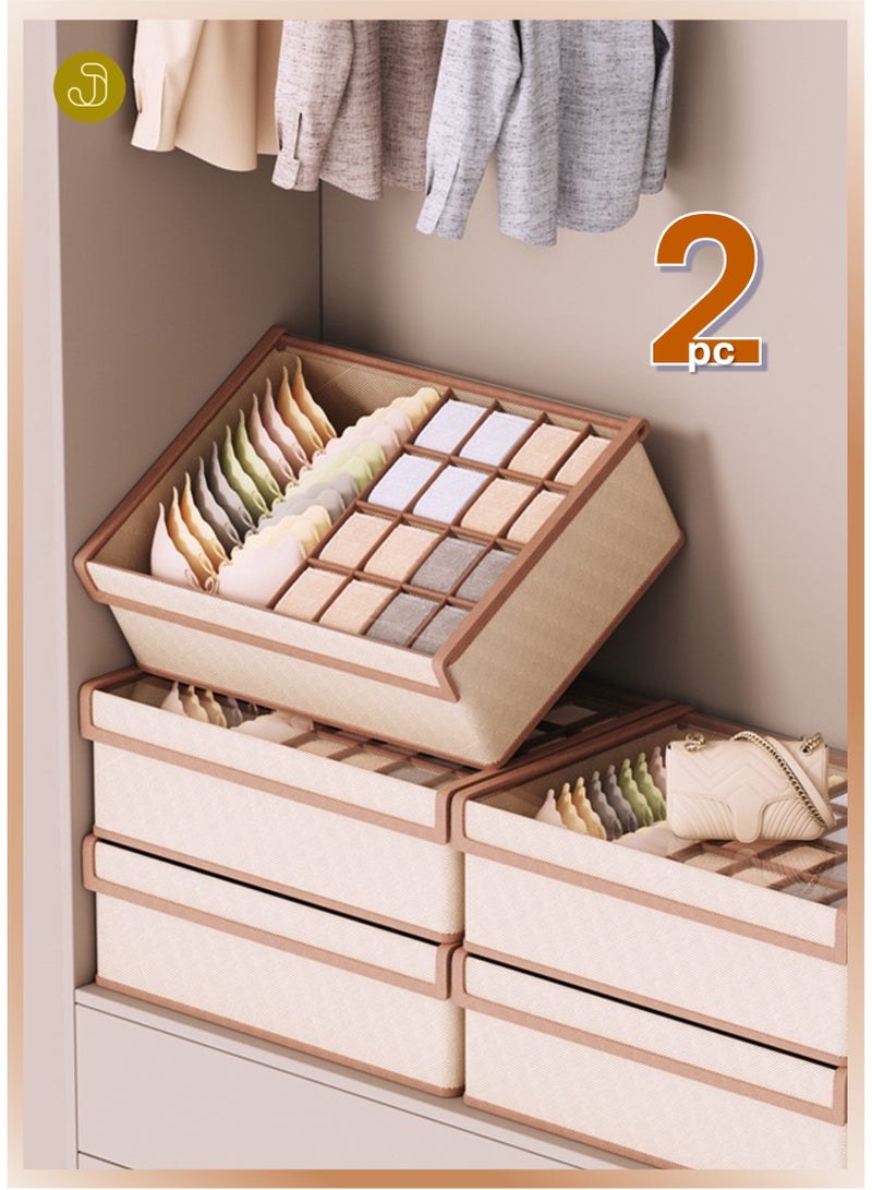 جويي صندوقان قابلان للطي من القماش المقاوم للغبار لتخزين الملابس الداخلية بغطاء شفاف | منظم أدراج خزانة قابل للغسل | سلال وصناديق مقسمة من القماش الفاخر، يُستخدم للملابس والجوارب وإكسسوارات الملابس الداخلية والبيجامات وملابس الأطفال والحفاضات والمناشف، مناسب للمنزل والمكتب وغرفة النوم (44*29*12 سم، بيج) - Image 1
