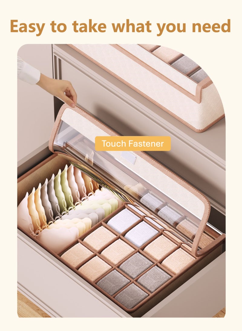 جويي صندوقان قابلان للطي من القماش المقاوم للغبار لتخزين الملابس الداخلية بغطاء شفاف | منظم أدراج خزانة قابل للغسل | سلال وصناديق مقسمة من القماش الفاخر، يُستخدم للملابس والجوارب وإكسسوارات الملابس الداخلية والبيجامات وملابس الأطفال والحفاضات والمناشف، مناسب للمنزل والمكتب وغرفة النوم (44*29*12 سم، بيج) - Image 3